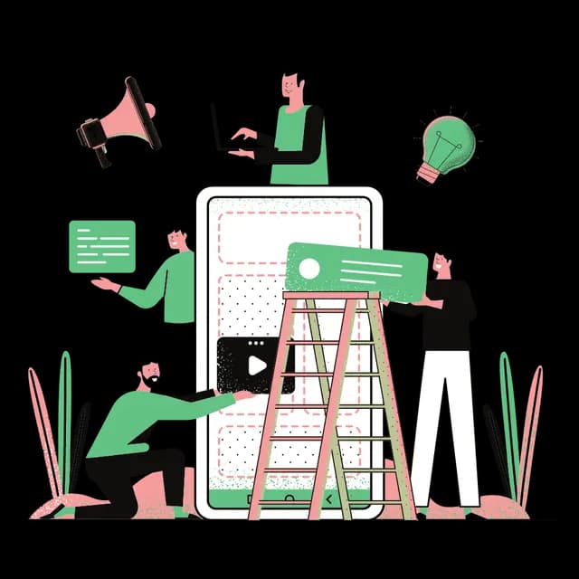 Illustration of a team collaborating to build a mobile app on a smartphone
